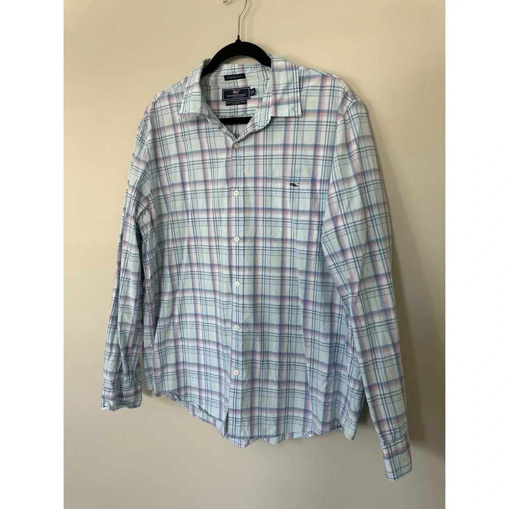 Vineyard Vines Shirt Men XL Slim Fit Tucker Blue Pink Plaid Button Down